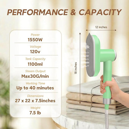 2 In 1 Steamer for Clothes: 1550W Powerful Steamer with 1100ml Detachable Tank, 30s Fast Heat-Up, Horizontal & Vertical Use, Portable Wrinkle Remover for Clothes Drapes Bedding (Green)