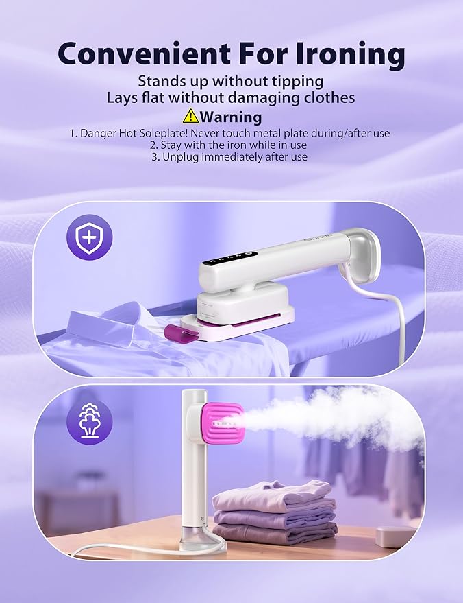 Travel Steamer for Clothes with 180 ml Water Tanks,15s Fast Heat-up,24 g/min Strong Steam Performance, Portable Garment Steamer with Touch Control, LED Display, Steam Iron(White And Purple