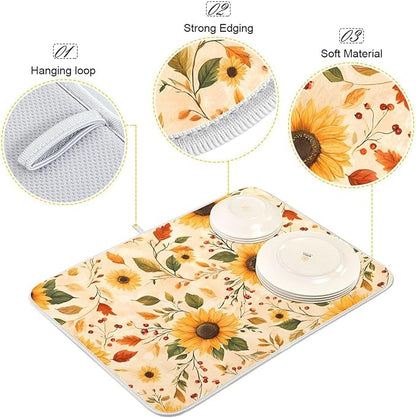 Watercolor Sunflowers Autumn Leaves Dish Drying Mat for Kitchen Counter Absorbent Microfiber Drying Pad, Medium 16x18 in