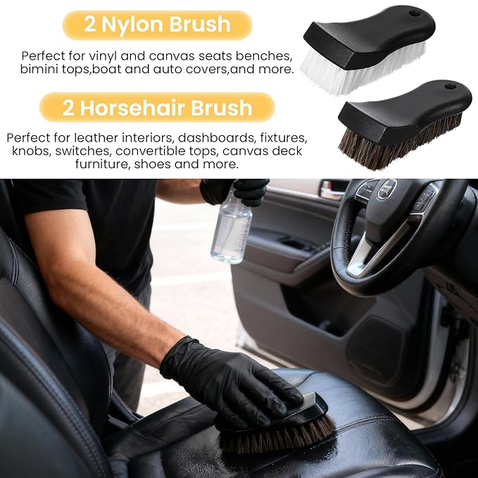 4-Piece Upholstery Cleaning Brush Set, Car Upholstery Brush with Horsehair & Nylon Bristles for Leather, Carpet, Couch, Boat & Auto Interior Detailing