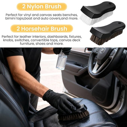 4-Piece Upholstery Cleaning Brush Set, Car Upholstery Brush with Horsehair & Nylon Bristles for Leather, Carpet, Couch, Boat & Auto Interior Detailing