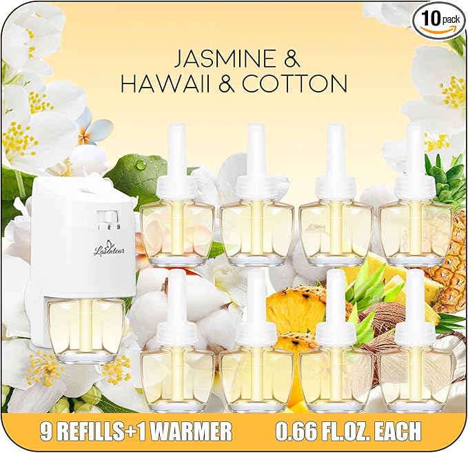 Plug In Air Freshener Starter Kit with Warmer – 9 Scented Oil Refills + 1 Diffuser in Jasmine, Hawaiian, Cotton, 5.94 Fl Oz, Compatible with Air Wick & Glade, Not Include Glade Plus