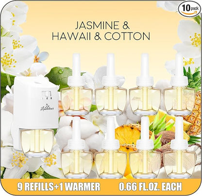 Plug In Air Freshener Starter Kit with Warmer – 9 Scented Oil Refills + 1 Diffuser in Jasmine, Hawaiian, Cotton, 5.94 Fl Oz, Compatible with Air Wick & Glade, Not Include Glade Plus