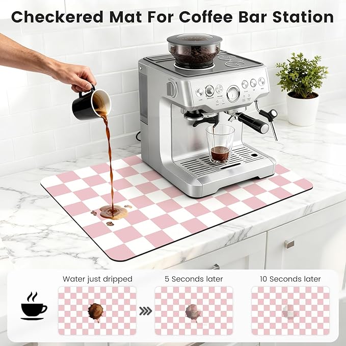16" x 24" Checkered Dish Drying Mat for Kitchen Counter, Absorbent Coffee Bar Mat for Espresso Machine Coffee Countertops Accessories (Pink)