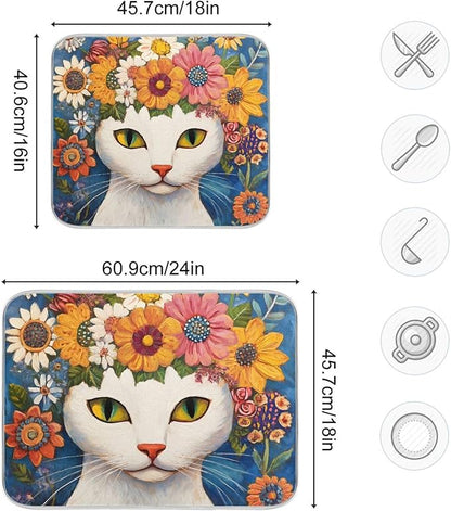 White Cat Colorful Flowers Pattern Dish Drying Mat for Kitchen Counter Super Absorbent Drying Mat 16x18 inch Large Dish Drying Matts for Countertop Protector Dishes Pad