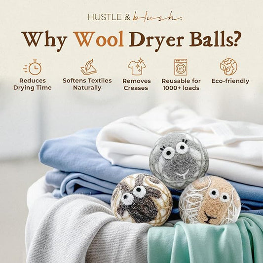 Hustle & Blush Fluff Ewes Wool Dryer Balls 3 Pack - Extra Large Lights Premium Hand Needled New Zealand Laundry Set, Reduces Drying Time, Static Control, Chemical Free Reusable for Essential Oils
