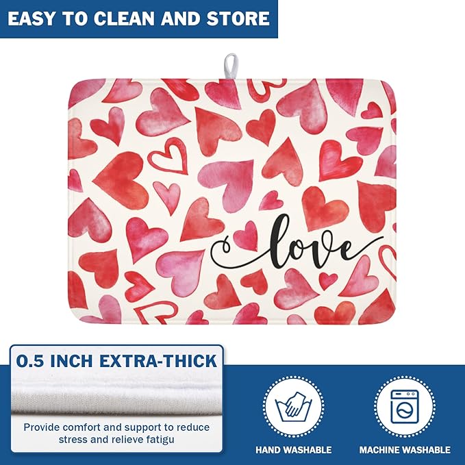 Valentine's Day Dish Drying Mat 18 x 24 Inch Heart Shaped Dish Drying Pad Absorbent Microfiber Mats for Red and Pink Dish Rack Pad for Kitchen Counter Coffee Bar Decor