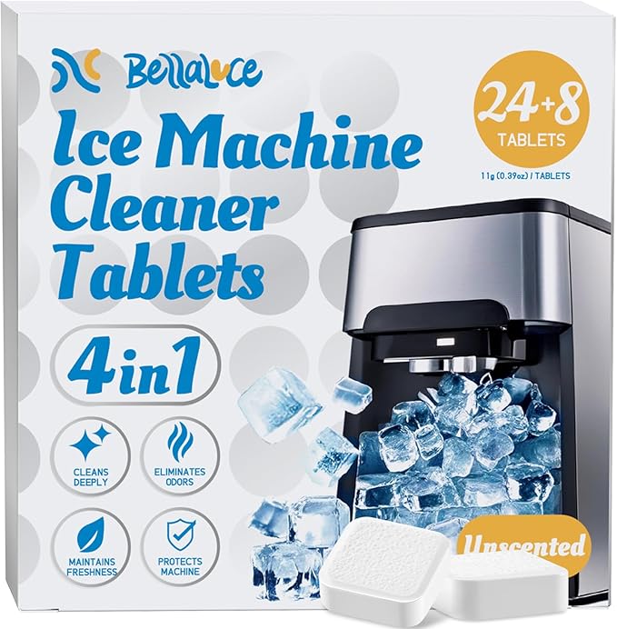 Bellaluce Ice Machine Cleaner Tablets Descaler (32 Pack) – Nickel-Safe Countertop Portable Commercial Ice Maker Cleaning – Remove Hard Water Buildup, Odor-Free, Crystal Clear Ice