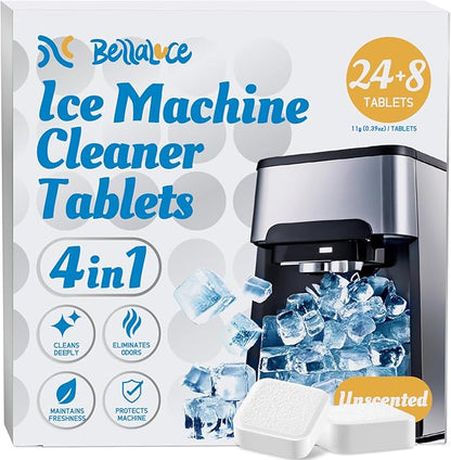 Bellaluce Ice Machine Cleaner Tablets Descaler (32 Pack) – Nickel-Safe Countertop Portable Commercial Ice Maker Cleaning – Remove Hard Water Buildup, Odor-Free, Crystal Clear Ice