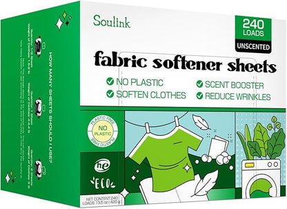 Soulink Fabric Softener Sheets for Washing Machine, No Plastic Jug Soap Strips, Alternative to Fabric Softener Liquid and Pods, Unscented Fragrance Free, Up to 240 Loads