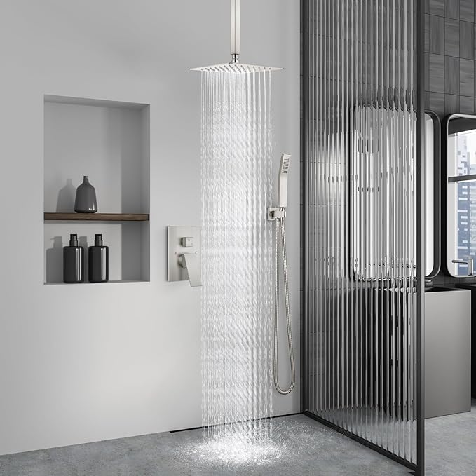 Aolemi Ceiling Mount Shower System Rain Shower Head with Handheld Spray High Pressure Shower Faucet Set Rough-in Valve Shower Trim Kit Included Bathroom Brushed Nickel 8 Inch Ceiling Shower Head