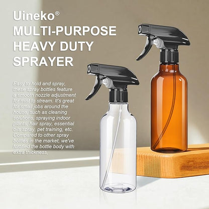 Uineko Spray Bottles 2-Pack, 10 Oz, Mist & Stream, Heavy Duty Spraying Empty Water Sprayer Bottle, BPA Free Plastic Refillable Containers for Cleaning Solutions, Plants, Hair, Essential Oils (Amber)