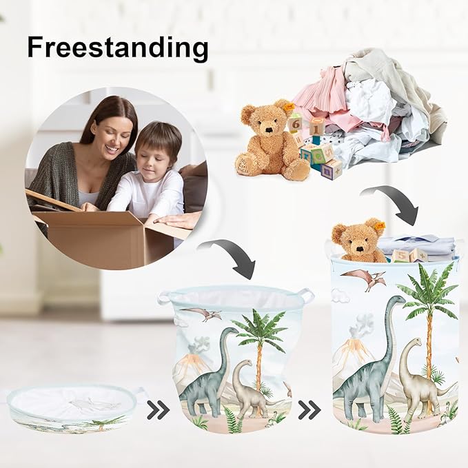 Clastyle Large Dinosaur Kid Storage Basket Baby Laundry Hamper Palm Tree Boy Gift Toy Box Collapsible Clothes Organizer Nursery Bin for Bedroom, Volcano, 36 * 45 cm