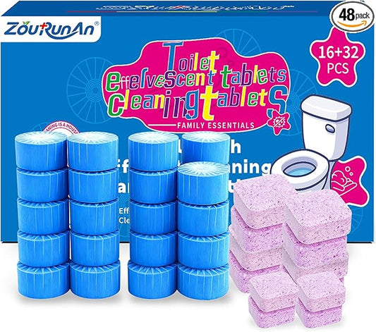 2-in-1 Toilet Cleaning Tablets (48 Pack) - 16 Effervescent Toilet Bowl Stain Remover and 32 Blue Toilet Tank Cleaner Tablets - Limescale Removal for Septic System