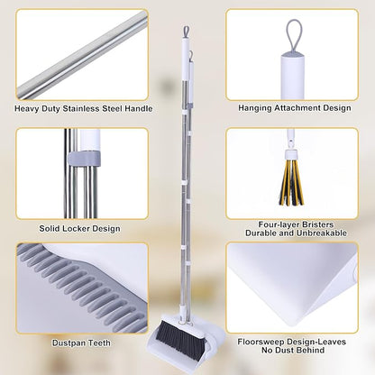 Heavy Duty Broom and Standing Dustpan Combo Set, Rotatable Head Dust Pan and Brush Set with Collapsible Handle, Cleaning Teeth, Hanging Loop, Ideal for Pets, RV, Kitchen, Camping, Outdoor Floor, White