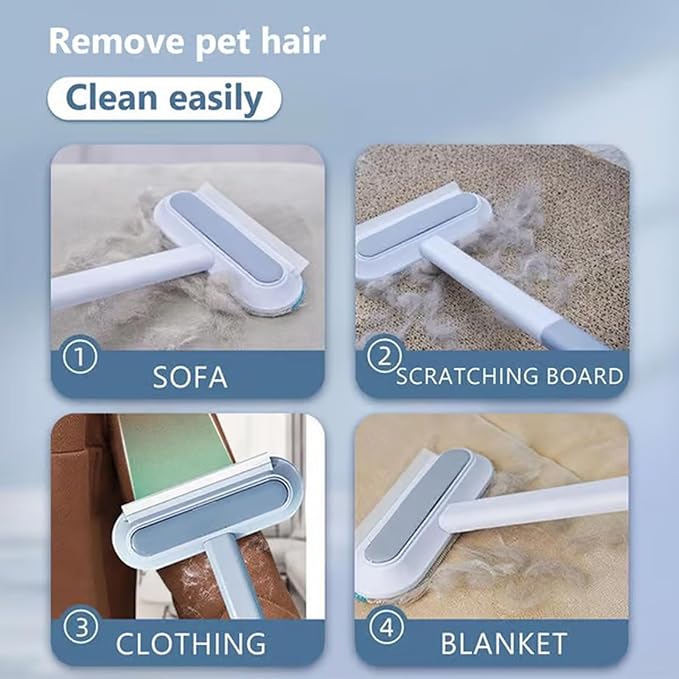 Reusable Pet Hair Remover Brush, 4-in-1 Multifunction Pet Hair Removal Tool with 17.7" Extra Long Handle for Furniture, Car, Carpet & Multi-Surfaces (Blue)