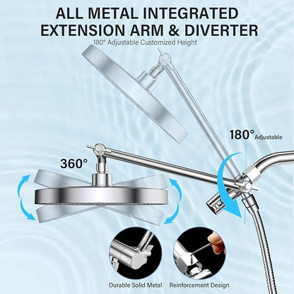 FASDUNT High Pressure Rain Shower Head with Handheld Spray Combo, 10" Rainfall Shower Head with Adjustable Integrated Extension Arm, Detachable Dual Shower Heads with 80" Long Stainless Steel Hose