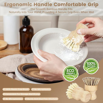 2-Pack Bamboo Dish Brush – Natural Dish Scrub Brush with Sisal & Palm Bristles for Non-Stick Pans, Pots, Vegetables, and Kitchen Cleaning