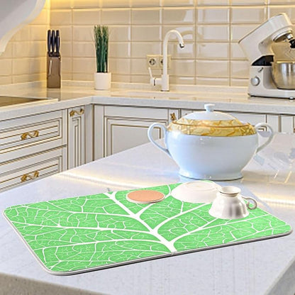 Green Leaf Veins Dish Drying Mat for Kitchen Counter Absorbent Microfiber Drying Pad, Medium 16x18 in