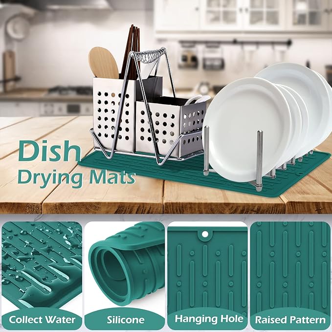 GeeRic Dish Drying Mats, Heat-resistant Silicone Mat for Kitchen Counter, Non-Slip Dish Dry Mat Dishwasher Safe Medium, Turquoise