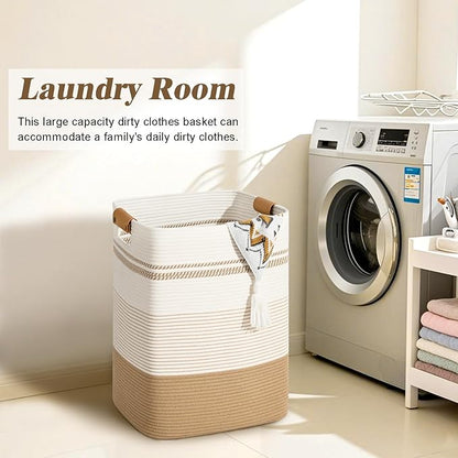 Laundry Hamper, 75L Tall Laundry Basket with Leather Handles, Rectangle Large Clothes Hamper for Organizing, Cotton Woven Laundry Baskets Storage Hampers for Bedroom, Nursery, Living Room