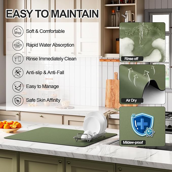 Ecotrim - Dish Drying Mat for Kitchen Counter | Coffee Bar Mat for Countertops | Heat Resistant Drainer Mat with Non-slip Rubber Backed | Hide Stain Kitchen Absorbent Draining Mat | Green 18"x24"