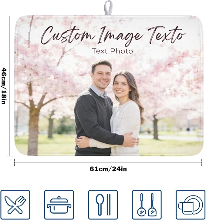 Custom Personalized Dish Drying Mat for Kitchen Counter,Customized Drying Mats with Picture Text Image 18 x 24 Inch with High Absorbent Microfiber Drainer Mat for Coffee Bar