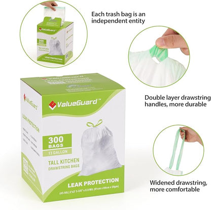 ValueGuard Large Trash Bag 13 Gallon Tall Drawstring 100% Post-Consumer Recycled Garbage Bag Waste Bag for Kitchen Office 0.8 Mil (300 Count)