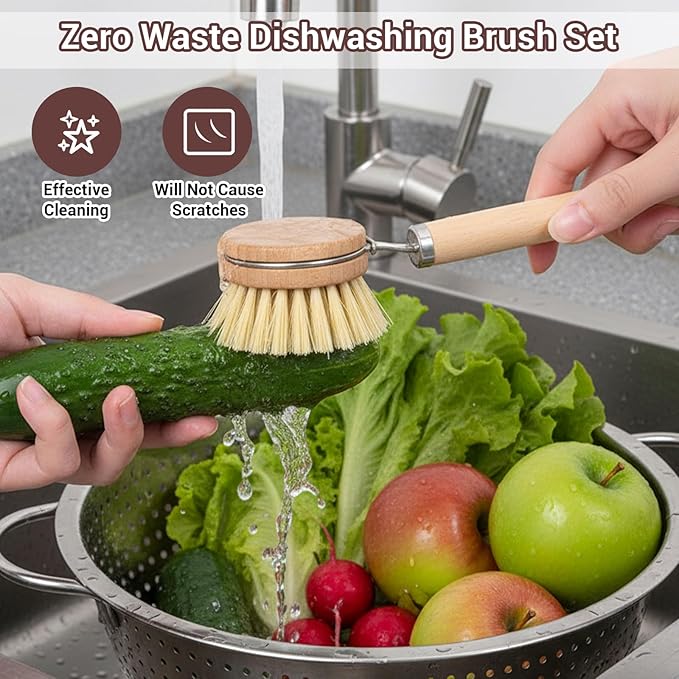 14pcs Dish Brush Replacement Heads Set with 2 Handles, 6 Sisal & 6 Coir Bristle Brush Heads for Kitchen Cleaning – Natural Wooden Scrubbers for Pots, Pans, Dishes – Eco Friendly