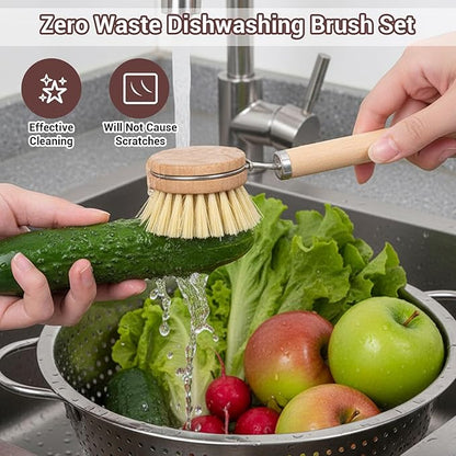 14pcs Dish Brush Replacement Heads Set with 2 Handles, 6 Sisal & 6 Coir Bristle Brush Heads for Kitchen Cleaning – Natural Wooden Scrubbers for Pots, Pans, Dishes – Eco Friendly