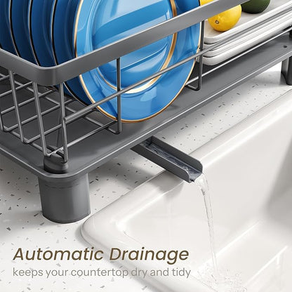 SNTD Dish Drying Rack - Small Dish Rack for Kitchen Counter, Stainless Steel Dish Drainer with Utensil Holder and Drainboard, 11" W x 15" L (Grey)