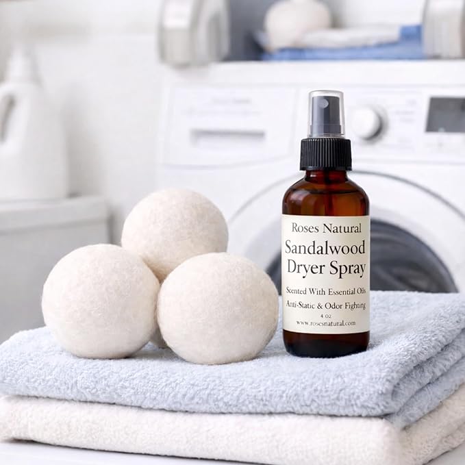 Wool Dryer Balls & Dryer Spray Bundle – 3 Reusable Dryer Balls + Plant-Based Essential Oil Dryer Spray, Natural Fabric Freshener, Anti-Static & Odor Fighting (Sandalwood)