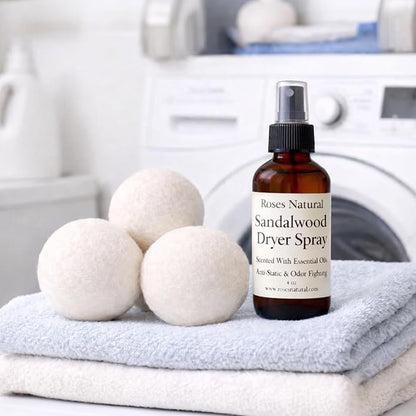 Wool Dryer Balls & Dryer Spray Bundle – 3 Reusable Dryer Balls + Plant-Based Essential Oil Dryer Spray, Natural Fabric Freshener, Anti-Static & Odor Fighting (Sandalwood)