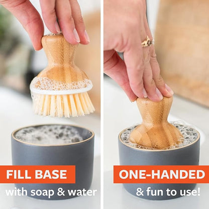 Full Circle Bubble Up Bamboo Dish Brush & Ceramic Soap Dispenser – Family Safe, Formaldehyde-Free – Kitchen Scrub Brush for Dishes, Nonstick & Cast Iron, White