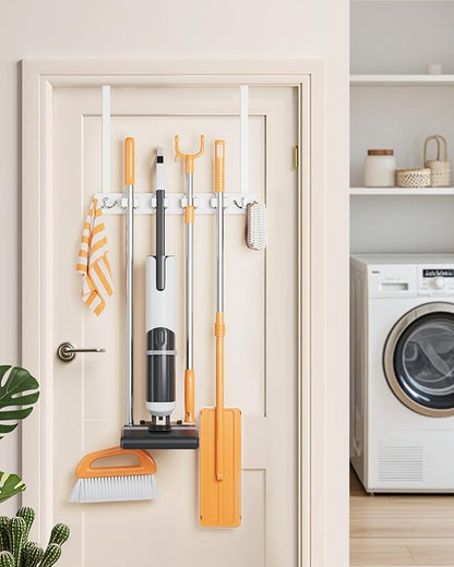 Mop and Broom Holder Wall Mount, No Drill Over the Door Broom and Mop Holder with 4 Slots and 4 Hooks, Wood Tool Hanger for Laundry, Cabinet, Kitchen, Garage