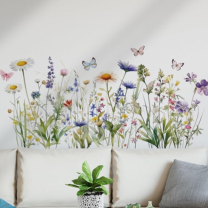 Wildflower Grass Daisy Wall Decals, Garden Floral Butterflies Flower Wall Stickers, BWCXXZH Self-Adhesive Wall Art Stickers for Girls Bedroom Living Room Nursery Decor