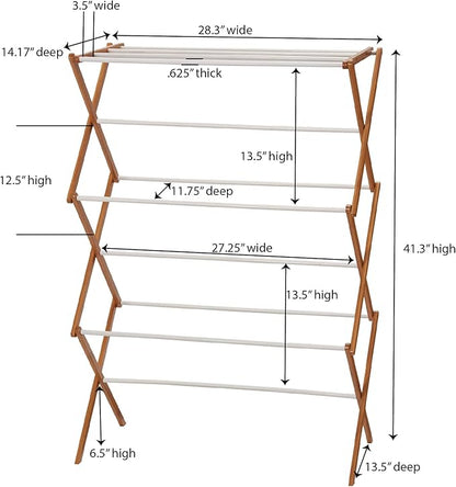 Household Essentials Bamboo Folding Clothes Drying Rack | White Finish, 11 Dowels & Flat Drying Shelf | Eco-Friendly, Collapsible Laundry Rack for Dorms, Apartments & Small Spaces | Fully Assembled