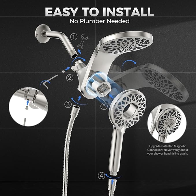High Pressure Rain Shower Head with Handheld Spray Combo: Detachable Dual Shower Head with 10 Sprays Modes - Upgrade Knob Spray Mode Selector and Magnetic Guidance Docking System