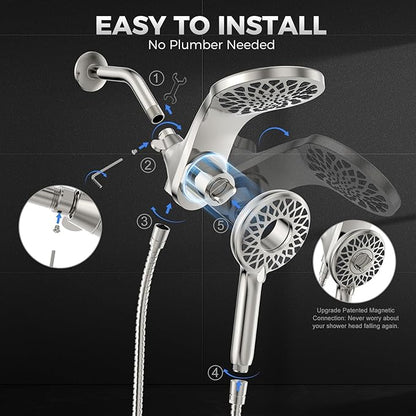 High Pressure Rain Shower Head with Handheld Spray Combo: Detachable Dual Shower Head with 10 Sprays Modes - Upgrade Knob Spray Mode Selector and Magnetic Guidance Docking System
