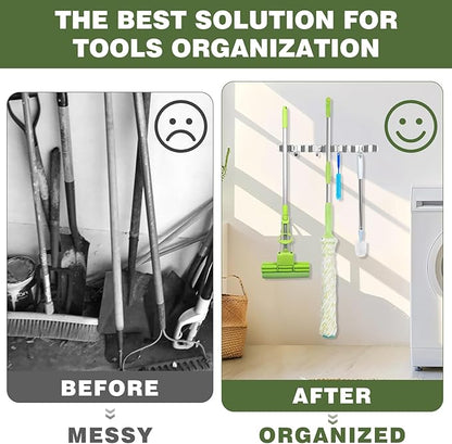 UNIFUN Broom Holder Wall Mount, Broom Organizer Wall Mount Stainless Steel Broom and Mop Hanger Heavy Duty Storage Organization for Home Kitchen Garden Garage Room 5 Racks 4 Hooks (1Pack)(Grey Racks)