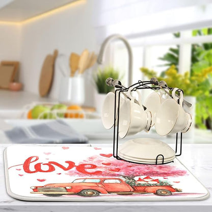 Valentine’s Day Love Tree Dish Drying Mat for Kitchen Countertop 16x18 Happy Valentines Day Gnomes White Small Drying Mat Reusable Quick Dry Dish Sink Mats Easy Clean Decorative Essentials