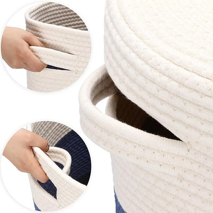Sea Team Large Size Cotton Rope Woven Storage Basket with Lid, Lidded Laundry Hamper with Handles, Fabric Bucket with Cover, Clothes Toys Organizer for Kid's Room, 16 x 20 inches, White & Navy