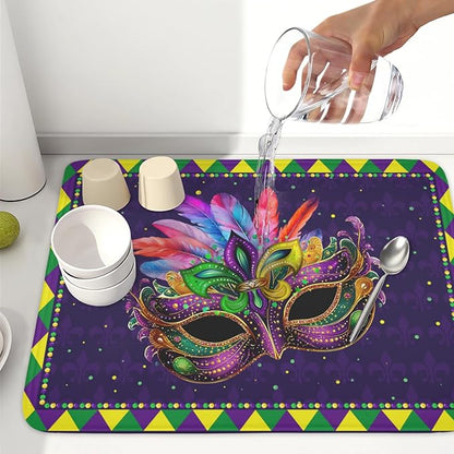 Mardi Gras Dish Drying Mat for Kitchen Counter Masquerade Mask Feather Drying Mats Absorbent Reversible Microfiber Washable Draining Pad Washable Dry Mat 18x24 Inch