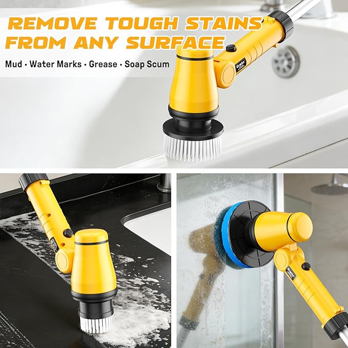 Electric Spin Scrubber Kit with 2.0Ah Battery and Charger, Ecarke 1100RPM Cordless Cleaning Brush 4-Stage Handle, 8 Cleaning Heads for Bathroom/Floor/Tub/Tile, 2 Speeds (680-1100 RPM)