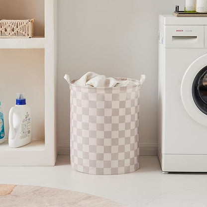 Beige Khaki Checkered Laundry Basket, Collapsible Aesthetic Cute Canvas Organizer Hamper Basket for Storage, Toy Bins, Bedroom Clothes, Children Nursery, Gift Basket