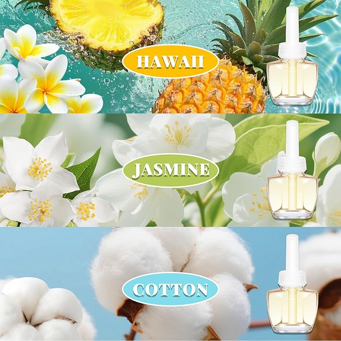 Plug In Air Freshener Refills for Home – Jasmine, Hawaiian, Cotton Scent, 12 Count, 7.92 Fl Oz, Compatible with Air Wick & Glade, Not for Glade Plus, Scented Refill for Home, Bathrooms, Bathroom Use