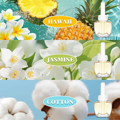Plug In Air Freshener Refills for Home – Jasmine, Hawaiian, Cotton Scent, 12 Count, 7.92 Fl Oz, Compatible with Air Wick & Glade, Not for Glade Plus, Scented Refill for Home, Bathrooms, Bathroom Use