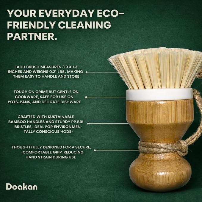 Set of 2 Eco-Friendly Non-Scratch Bamboo Kitchen Cleaning Brushes | Compact Wooden PP Dish Scrubbers with Ergonomic Handles and Hanging Ropes (3.9 x 1.3 inches, 0.21 lbs Each)