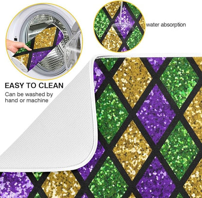 Mardi Gras Dish Drying Mat for Kitchen Gold Purple Green Buffalo Plaid Microfiber Drying Mats Absorbent Reversible Dish Pad Large Dish Draining Mat 18x24 inch