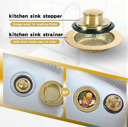 RQYEKDO Kitchen Sink Strainers Sink Stopper Kits, Stainless Steel Sink Drain Strainer Set, Large Wide Rim 4.4" Diameter Food Catcher Garbage Disposal Plug for Most Sink Drains Basket Filter (Gold)